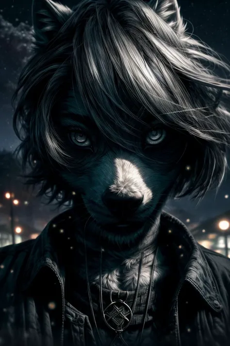 (life-size-body), (Anthro : Furry Art : Grey Wolf)
1boy, male with grey eyes ((also extremely detailed)), short hair, messy hair, white hair, bracelets, black shirt, black jeans, white-fur coat, close to viewer, close up to face, beautiful face, dark, night, Night sky, dark woods, fog
<lora:beautiful detailed eyes:0.7>
<lora:Furtastic_Detailer:1>
<lora:midjourney_20230624181825:0.8> midjourney