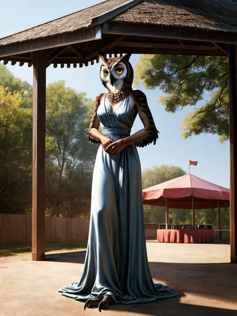 (photo realistic)
anthro, avian, ((owl)), beak, brown body, (winged-arms), flowing dress, outdoor pavilion, sunrays, detailed shadows, bald
<lora:Furtastic_Detailer:1> <lora:PK-FurryMix-128:1>