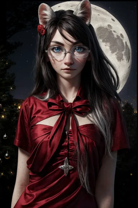 1girl, solo focus, portrait, looking at viewer, beautiful detailed eye, black hair, standing, sidelocks, blue eyes, night, moon, ribbon, glasses, dynamic lighting, neck
BREAK
long hair, (white highlight:1.3), hair
BREAK
(silver-framed glasses:1.3), glasses
BREAK
(silver brooch:1.3), neck
BREAK
pink, large, side, ribbon
BREAK
<lora:beautiful detailed eyes:0.7>