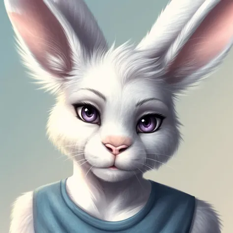 , anthro, solo, lagomorph, clothing, mammal, female, leporid, rabbit, fur, portrait, purple eyes, clothed, hi res, pink nose, topwear, bust portrait, white body, looking at viewer, simple background, lighting, tuft, white fur