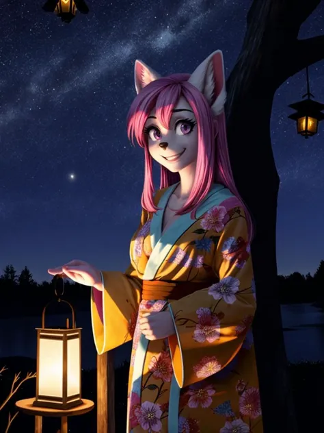 1girl, flower, long hair, kimono, outdoors, night, purple eyes, night sky, lantern, pink hair, long hair, smile, starry sky, animal ears, upper body, tree <lora:beautiful detailed eyes:0.8>