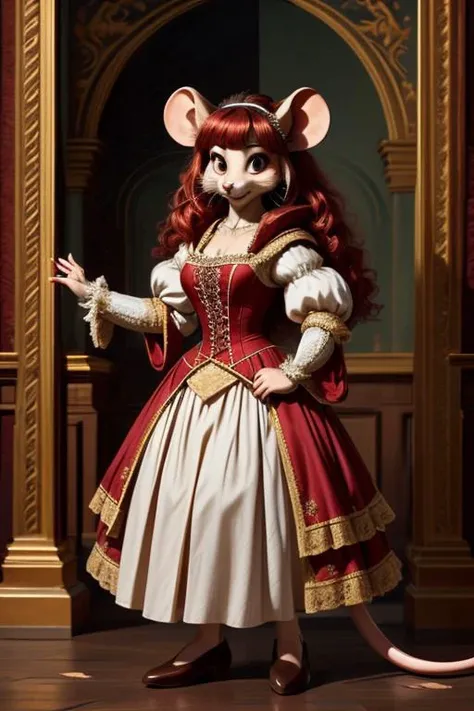 An anthropomorphic peach-colored mouse with scarlet hair dressed in a tight-fitting Renaissance-style dress turns into a giant, from which the clothes are torn