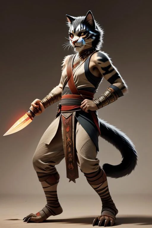 An ancient anthropomorphic saber-toothed cat armed with a spear and in war paint