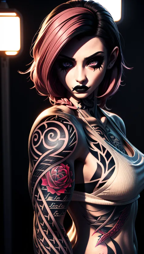 score_9, score_8_up, score_7_up, score_6_up, score_5_up
portrait, upper body, 1girl, solo, pink hair, long hair, black hair, bicolored hair, full body, sexy, posing, woman, fl0r4l, (tattoo:1.5), (big tattoo:1.5), dark make up, goth look, expressive, dynamic angle, beautiful detailed glow, ambient occlusion, (dark lighting:1.6), ambient light, raytraced reflections, (best illumination, an extremely delicate and beautiful), ((cinematic light)), (soft:2)
The details are intricately captured, with each strand of hair rendered in exquisite detail, presenting a mesmerizing and captivating visual experience.
\\ Made with ONE FOR ALL checkpoint by Chaos Experience @ https://civitai.com/user/ChaosExperience/ \\