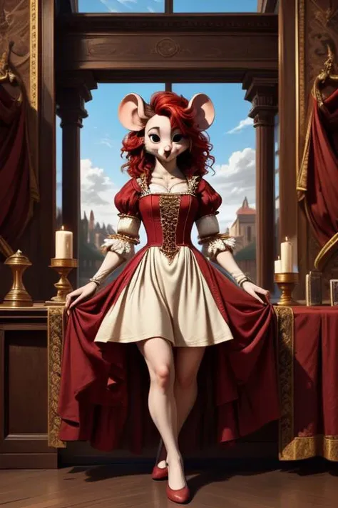 An anthropomorphic peach-colored mouse with scarlet hair dressed in a tight-fitting Renaissance-style dress turns into a giant, from which the clothes are torn