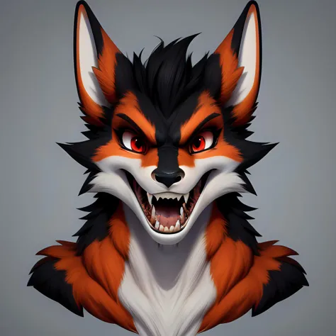 avali, male, portrait, full red eyes, black fur AND orange fur,
teeth, fangs, long teeth, long fangs,
open mouth,
looking at viewer,
simple background,