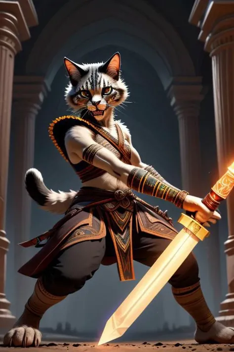 An ancient anthropomorphic saber-toothed cat armed with a spear and in war paint