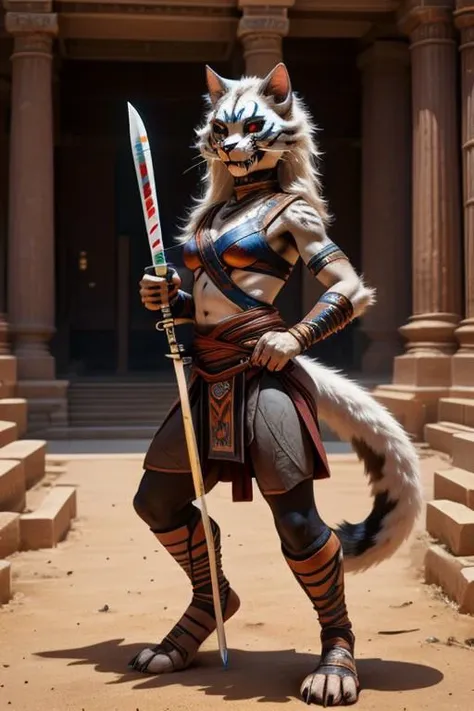 An ancient anthropomorphic saber-toothed cat armed with a spear and in war paint