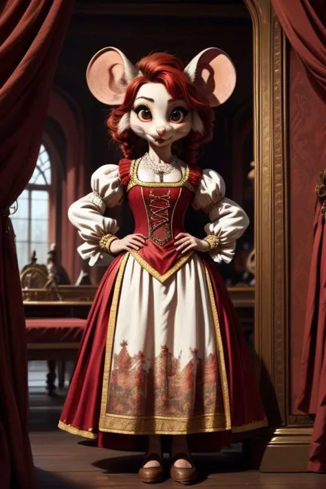 An anthropomorphic peach-colored mouse with scarlet hair dressed in a tight-fitting Renaissance-style dress turns into a giant, from which the clothes are torn