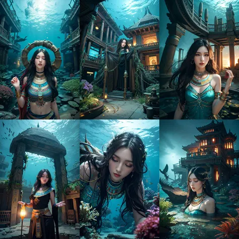(otherworldly, otherworldly atmosphere, otherworldly appearance), highly insanely detailed, masterpiece, top quality, best quality, highres, 4k, 8k, RAW photo, ((ancient egyptian theme:1.2)), Hong Kong structure, structure, 
(mystical theme), mystical gatmosphere, arcane sanctuaries, otherwordly aura, 
(long_hair, long hair, random colors hair, glowing hair, hair over one eye, long messy hair), 
(eyelashes, eyeliner, eyeshadow, eyelashes, long eyelashes), 
collar, earrings, jewelry, necklace, armlet, 
tentacle, (underwater), nsfw, 
Homestay, Resort, Guest House, 
building, structure, still life, swirling energy, 
action pose, 
drunk, closed eyes, 
abandoned building, shopping mall, overgrown with vegetation, [volumetric fog], cinematic lighting, colorful, 
beach background, 
1girl, random formal attire, <lora:Julia_Jav-02:0.8>, (fantasy world)