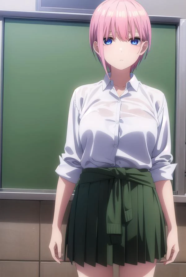 ichikanakano, <lyco:ichikanakanospecial-lyco-nochekaiser:1>,
ichika nakano, short hair, bangs, blue eyes, hair between eyes, pink hair,
BREAK skirt, shirt, school uniform, white shirt, short sleeves, pleated skirt, shoes, socks, collared shirt, black footwear, sweater, white socks, (green skirt:1.2), loafers, clothes around waist,
BREAK indoors, classroom,
BREAK looking at viewer, (cowboy shot:1.5),
BREAK <lyco:GoodHands-beta2:1>, (masterpiece:1.2), best quality, high resolution, unity 8k wallpaper, (illustration:0.8), (beautiful detailed eyes:1.6), extremely detailed face, perfect lighting, extremely detailed CG, (perfect hands, perfect anatomy),