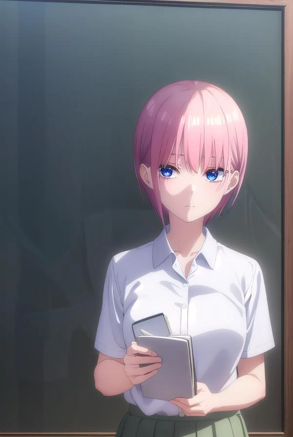 ichikanakano, <lyco:ichikanakanospecial-lyco-nochekaiser:1>, 
ichika nakano, short hair, bangs, blue eyes, hair between eyes, pink hair,
BREAK skirt, shirt, school uniform, white shirt, short sleeves, pleated skirt, shoes, socks, collared shirt, black footwear, sweater, white socks, (green skirt:1.2), loafers, clothes around waist,
BREAK indoors, classroom,
BREAK looking at viewer, (cowboy shot:1.5),
BREAK <lyco:GoodHands-beta2:1>, (masterpiece:1.2), best quality, high resolution, unity 8k wallpaper, (illustration:0.8), (beautiful detailed eyes:1.6), extremely detailed face, perfect lighting, extremely detailed CG, (perfect hands, perfect anatomy),