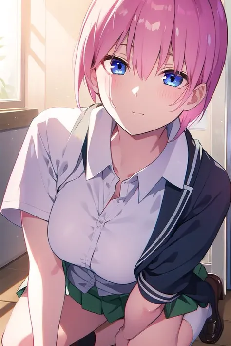 ichikanakano, <lyco:ichikanakano-LYCORIStest:1>, ichika nakano, short hair, bangs, blue eyes, hair between eyes, pink hair,
BREAK skirt, shirt, school uniform, white shirt, short sleeves, pleated skirt, shoes, socks, collared shirt, black footwear, sweater, white socks, green skirt, loafers, clothes around waist,
BREAK indoors, classroom,
BREAK looking at viewer, BREAK <lora:GoodHands-vanilla:1>, (masterpiece:1.2), best quality, high resolution, unity 8k wallpaper, (illustration:0.8), (beautiful detailed eyes:1.6), extremely detailed face, perfect lighting, extremely detailed CG, (perfect hands, perfect anatomy),