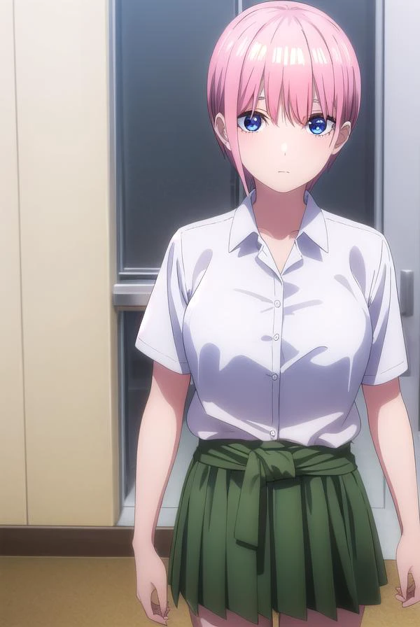 ichikanakano, <lyco:ichikanakanospecial-lyco-nochekaiser:1>,
ichika nakano, short hair, bangs, blue eyes, hair between eyes, pink hair,
BREAK skirt, shirt, school uniform, white shirt, short sleeves, pleated skirt, shoes, socks, collared shirt, black footwear, sweater, white socks, (green skirt:1.2), loafers, clothes around waist,
BREAK indoors, classroom,
BREAK looking at viewer, (cowboy shot:1.5),
BREAK <lyco:GoodHands-beta2:1>, (masterpiece:1.2), best quality, high resolution, unity 8k wallpaper, (illustration:0.8), (beautiful detailed eyes:1.6), extremely detailed face, perfect lighting, extremely detailed CG, (perfect hands, perfect anatomy),