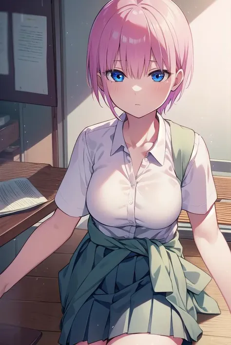 ichikanakano, <lyco:ichikanakano-LYCORIStest:1>, ichika nakano, short hair, bangs, blue eyes, hair between eyes, pink hair,
BREAK skirt, shirt, school uniform, white shirt, short sleeves, pleated skirt, shoes, socks, collared shirt, black footwear, sweater, white socks, green skirt, loafers, clothes around waist,
BREAK indoors, classroom,
BREAK looking at viewer, BREAK <lora:GoodHands-vanilla:1>, (masterpiece:1.2), best quality, high resolution, unity 8k wallpaper, (illustration:0.8), (beautiful detailed eyes:1.6), extremely detailed face, perfect lighting, extremely detailed CG, (perfect hands, perfect anatomy),