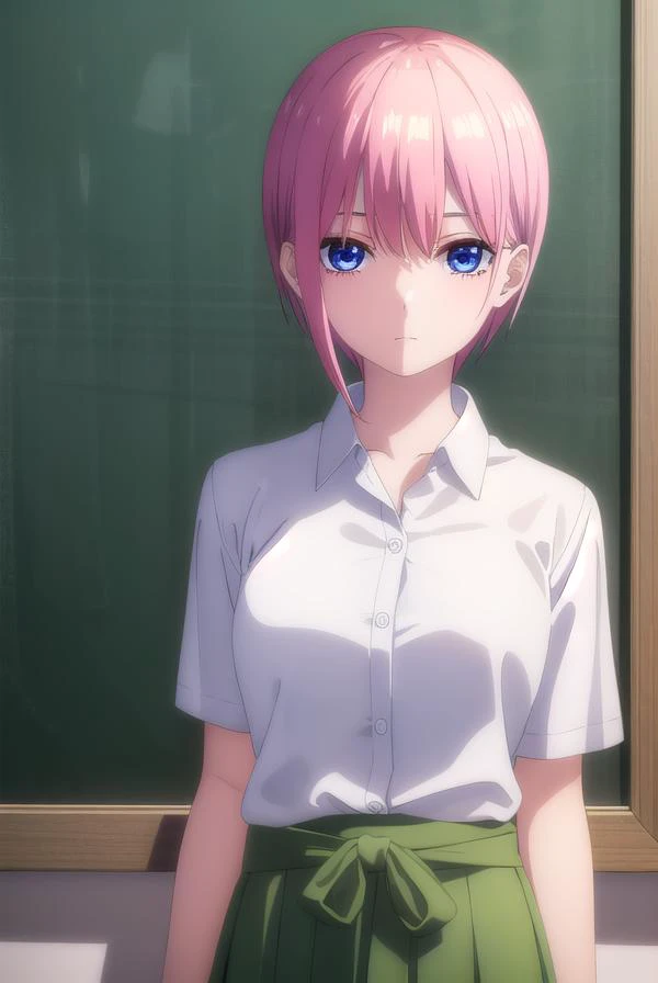 ichikanakano, <lyco:ichikanakanospecial-lyco-nochekaiser:1>,
ichika nakano, short hair, bangs, blue eyes, hair between eyes, pink hair,
BREAK skirt, shirt, school uniform, white shirt, short sleeves, pleated skirt, shoes, socks, collared shirt, black footwear, sweater, white socks, (green skirt:1.2), loafers, clothes around waist,
BREAK indoors, classroom,
BREAK looking at viewer, (cowboy shot:1.5),
BREAK <lyco:GoodHands-beta2:1>, (masterpiece:1.2), best quality, high resolution, unity 8k wallpaper, (illustration:0.8), (beautiful detailed eyes:1.6), extremely detailed face, perfect lighting, extremely detailed CG, (perfect hands, perfect anatomy),