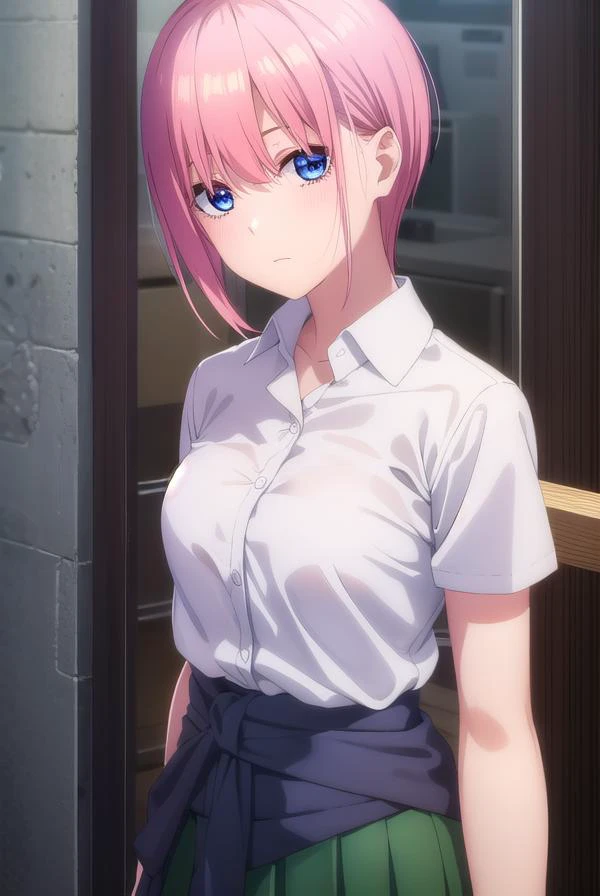 ichikanakano, <lyco:ichikanakanospecial-lyco-nochekaiser:1>,
ichika nakano, short hair, bangs, blue eyes, hair between eyes, pink hair,
BREAK skirt, shirt, school uniform, white shirt, short sleeves, pleated skirt, shoes, socks, collared shirt, black footwear, sweater, white socks, (green skirt:1.2), loafers, clothes around waist,
BREAK indoors, classroom,
BREAK looking at viewer, (cowboy shot:1.5),
BREAK <lyco:GoodHands-beta2:1>, (masterpiece:1.2), best quality, high resolution, unity 8k wallpaper, (illustration:0.8), (beautiful detailed eyes:1.6), extremely detailed face, perfect lighting, extremely detailed CG, (perfect hands, perfect anatomy),