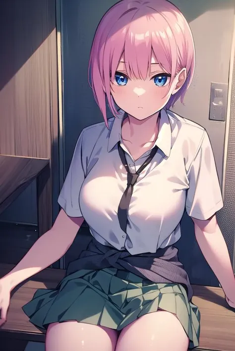 ichikanakano, <lyco:ichikanakano-LYCORIStest:1>, ichika nakano, short hair, bangs, blue eyes, hair between eyes, pink hair,
BREAK skirt, shirt, school uniform, white shirt, short sleeves, pleated skirt, shoes, socks, collared shirt, black footwear, sweater, white socks, green skirt, loafers, clothes around waist,
BREAK indoors, classroom,
BREAK looking at viewer, BREAK <lora:GoodHands-vanilla:1>, (masterpiece:1.2), best quality, high resolution, unity 8k wallpaper, (illustration:0.8), (beautiful detailed eyes:1.6), extremely detailed face, perfect lighting, extremely detailed CG, (perfect hands, perfect anatomy),