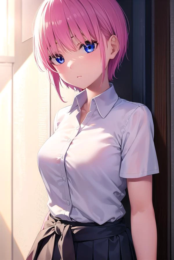 ichikanakano, <lyco:ichikanakano-lyco-nochekaiser:1>,
ichika nakano, short hair, bangs, blue eyes, hair between eyes, pink hair,
BREAK skirt, shirt, school uniform, white shirt, short sleeves, pleated skirt, shoes, socks, collared shirt, black footwear, sweater, white socks, green skirt, loafers, clothes around waist,
BREAK looking at viewer,
BREAK indoors, classroom,
BREAK <lyco:GoodHands-beta2:1>, (masterpiece:1.2), best quality, high resolution, unity 8k wallpaper, (illustration:0.8), (beautiful detailed eyes:1.6), extremely detailed face, perfect lighting, extremely detailed CG, (perfect hands, perfect anatomy),