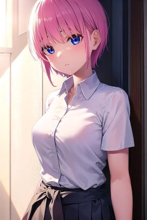 ichikanakano, <lyco:ichikanakano-lyco-nochekaiser:1>, 
ichika nakano, short hair, bangs, blue eyes, hair between eyes, pink hair,
BREAK skirt, shirt, school uniform, white shirt, short sleeves, pleated skirt, shoes, socks, collared shirt, black footwear, sweater, white socks, green skirt, loafers, clothes around waist,
BREAK looking at viewer, 
BREAK indoors, classroom,
BREAK <lyco:GoodHands-beta2:1>, (masterpiece:1.2), best quality, high resolution, unity 8k wallpaper, (illustration:0.8), (beautiful detailed eyes:1.6), extremely detailed face, perfect lighting, extremely detailed CG, (perfect hands, perfect anatomy),