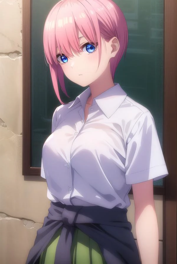 ichikanakano, <lyco:ichikanakanospecial-lyco-nochekaiser:1>,
ichika nakano, short hair, bangs, blue eyes, hair between eyes, pink hair,
BREAK skirt, shirt, school uniform, white shirt, short sleeves, pleated skirt, shoes, socks, collared shirt, black footwear, sweater, white socks, (green skirt:1.2), loafers, clothes around waist,
BREAK indoors, classroom,
BREAK looking at viewer, (cowboy shot:1.5),
BREAK <lyco:GoodHands-beta2:1>, (masterpiece:1.2), best quality, high resolution, unity 8k wallpaper, (illustration:0.8), (beautiful detailed eyes:1.6), extremely detailed face, perfect lighting, extremely detailed CG, (perfect hands, perfect anatomy),
