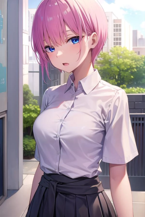 ichikanakano, <lyco:ichikanakano-lyco-nochekaiser:1>,
ichika nakano, short hair, bangs, blue eyes, hair between eyes, pink hair, <lora:sensualface_type2:1>, open mouth,
BREAK skirt, shirt, school uniform, white shirt, short sleeves, pleated skirt, shoes, socks, collared shirt, black footwear, sweater, white socks, green skirt, loafers, clothes around waist,
BREAK looking at viewer,
BREAK indoors, classroom,
BREAK <lyco:GoodHands-beta2:1>, (masterpiece:1.2), best quality, high resolution, unity 8k wallpaper, (illustration:0.8), (beautiful detailed eyes:1.6), extremely detailed face, perfect lighting, extremely detailed CG, (perfect hands, perfect anatomy),