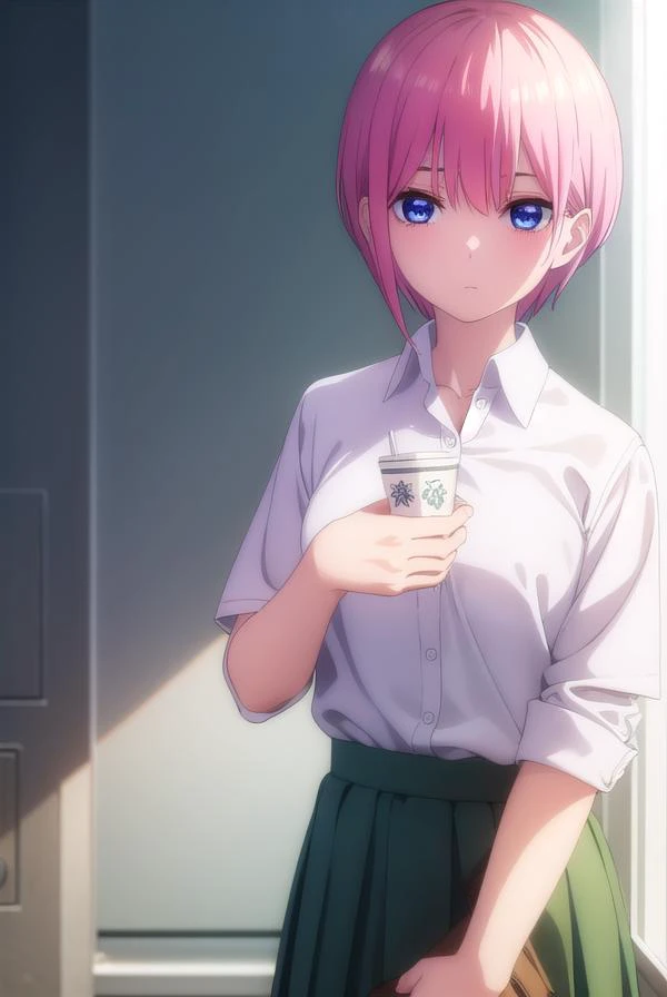 ichikanakano, <lyco:ichikanakanospecial-lyco-nochekaiser:1>,
ichika nakano, short hair, bangs, blue eyes, hair between eyes, pink hair,
BREAK skirt, shirt, school uniform, white shirt, short sleeves, pleated skirt, shoes, socks, collared shirt, black footwear, sweater, white socks, (green skirt:1.2), loafers, clothes around waist,
BREAK indoors, classroom,
BREAK looking at viewer, (cowboy shot:1.5),
BREAK <lyco:GoodHands-beta2:1>, (masterpiece:1.2), best quality, high resolution, unity 8k wallpaper, (illustration:0.8), (beautiful detailed eyes:1.6), extremely detailed face, perfect lighting, extremely detailed CG, (perfect hands, perfect anatomy),