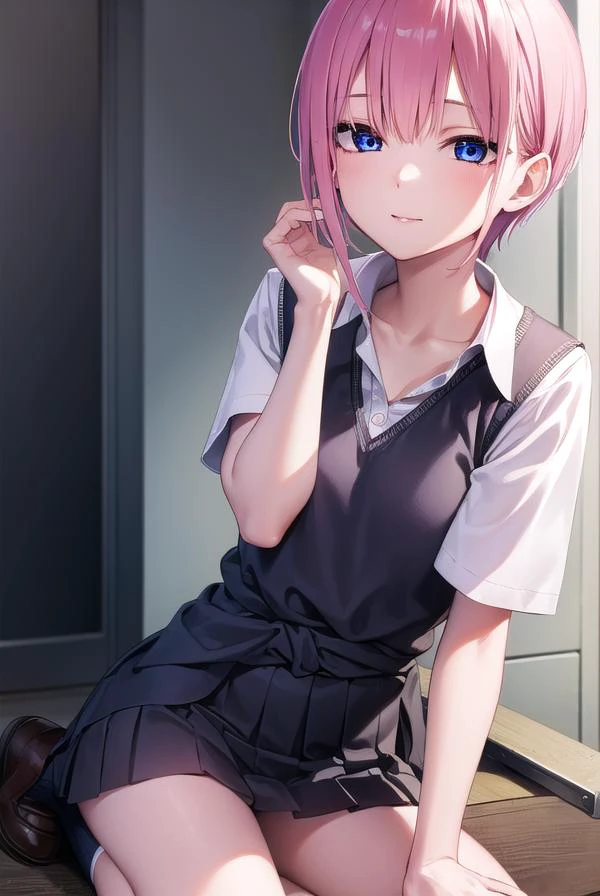 ichikanakano, <lyco:ichikanakano-lyco-nochekaiser:1>,
ichika nakano, short hair, bangs, blue eyes, hair between eyes, pink hair, <lora:sensualface_type2:1>, smile,
BREAK skirt, shirt, school uniform, white shirt, short sleeves, pleated skirt, shoes, socks, collared shirt, black footwear, sweater, white socks, green skirt, loafers, clothes around waist,
BREAK looking at viewer, fully body, upper body,
BREAK indoors, classroom,
BREAK <lyco:GoodHands-beta2:1>, (masterpiece:1.2), best quality, high resolution, unity 8k wallpaper, (illustration:0.8), (beautiful detailed eyes:1.6), extremely detailed face, perfect lighting, extremely detailed CG, (perfect hands, perfect anatomy),