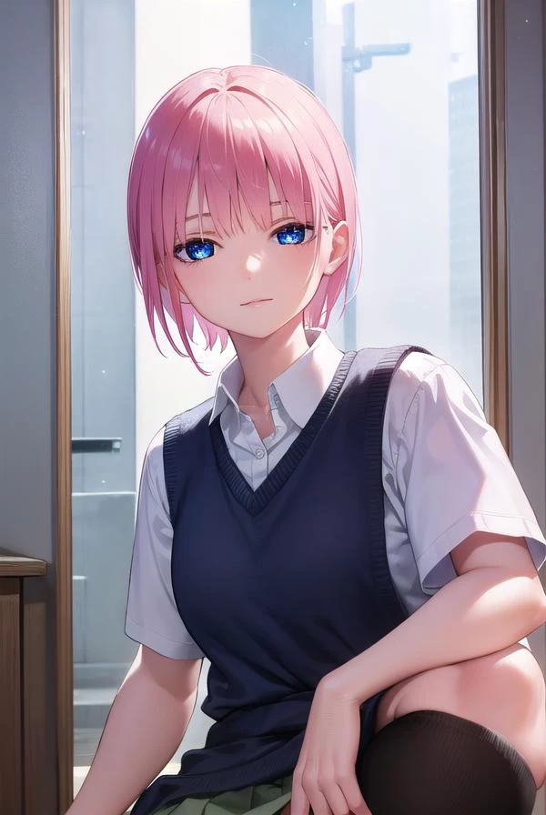 ichikanakano, <lyco:ichikanakano-lyco-nochekaiser:1>,
ichika nakano, short hair, bangs, blue eyes, hair between eyes, pink hair, <lora:sensualface_type2:1>, smile,
BREAK skirt, shirt, school uniform, white shirt, short sleeves, pleated skirt, shoes, socks, collared shirt, black footwear, sweater, white socks, green skirt, loafers, clothes around waist,
BREAK looking at viewer, fully body, upper body,
BREAK indoors, classroom,
BREAK <lyco:GoodHands-beta2:1>, (masterpiece:1.2), best quality, high resolution, unity 8k wallpaper, (illustration:0.8), (beautiful detailed eyes:1.6), extremely detailed face, perfect lighting, extremely detailed CG, (perfect hands, perfect anatomy),