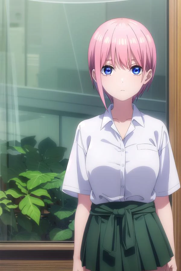 ichikanakano, <lyco:ichikanakanospecial-lyco-nochekaiser:1>,
ichika nakano, short hair, bangs, blue eyes, hair between eyes, pink hair,
BREAK skirt, shirt, school uniform, white shirt, short sleeves, pleated skirt, shoes, socks, collared shirt, black footwear, sweater, white socks, (green skirt:1.2), loafers, clothes around waist,
BREAK indoors, classroom,
BREAK looking at viewer, (cowboy shot:1.5),
BREAK <lyco:GoodHands-beta2:1>, (masterpiece:1.2), best quality, high resolution, unity 8k wallpaper, (illustration:0.8), (beautiful detailed eyes:1.6), extremely detailed face, perfect lighting, extremely detailed CG, (perfect hands, perfect anatomy),