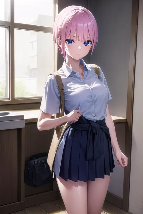 ichikanakano, <lyco:ichikanakano-lyco-nochekaiser:1>, 
ichika nakano, short hair, bangs, blue eyes, hair between eyes, pink hair, <lora:sensualface_type2:1>, smile,
BREAK skirt, shirt, school uniform, white shirt, short sleeves, pleated skirt, shoes, socks, collared shirt, black footwear, sweater, white socks, green skirt, loafers, clothes around waist,
BREAK looking at viewer, 
BREAK indoors, classroom,
BREAK <lyco:GoodHands-beta2:1>, (masterpiece:1.2), best quality, high resolution, unity 8k wallpaper, (illustration:0.8), (beautiful detailed eyes:1.6), extremely detailed face, perfect lighting, extremely detailed CG, (perfect hands, perfect anatomy),