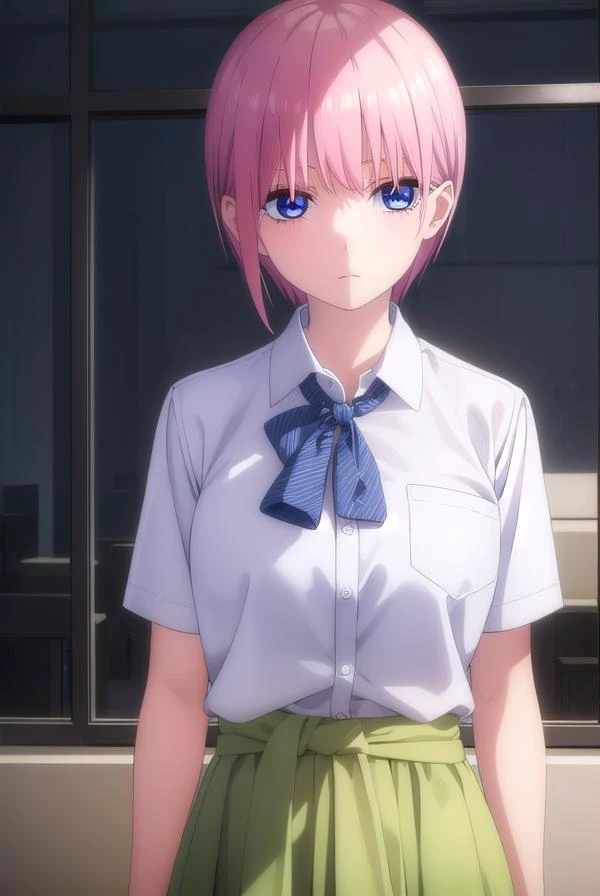ichikanakano, <lyco:ichikanakanospecial-lyco-nochekaiser:1>,
ichika nakano, short hair, bangs, blue eyes, hair between eyes, pink hair,
BREAK skirt, shirt, school uniform, white shirt, short sleeves, pleated skirt, shoes, socks, collared shirt, black footwear, sweater, white socks, (green skirt:1.2), loafers, clothes around waist,
BREAK indoors, classroom,
BREAK looking at viewer, (cowboy shot:1.5),
BREAK <lyco:GoodHands-beta2:1>, (masterpiece:1.2), best quality, high resolution, unity 8k wallpaper, (illustration:0.8), (beautiful detailed eyes:1.6), extremely detailed face, perfect lighting, extremely detailed CG, (perfect hands, perfect anatomy),