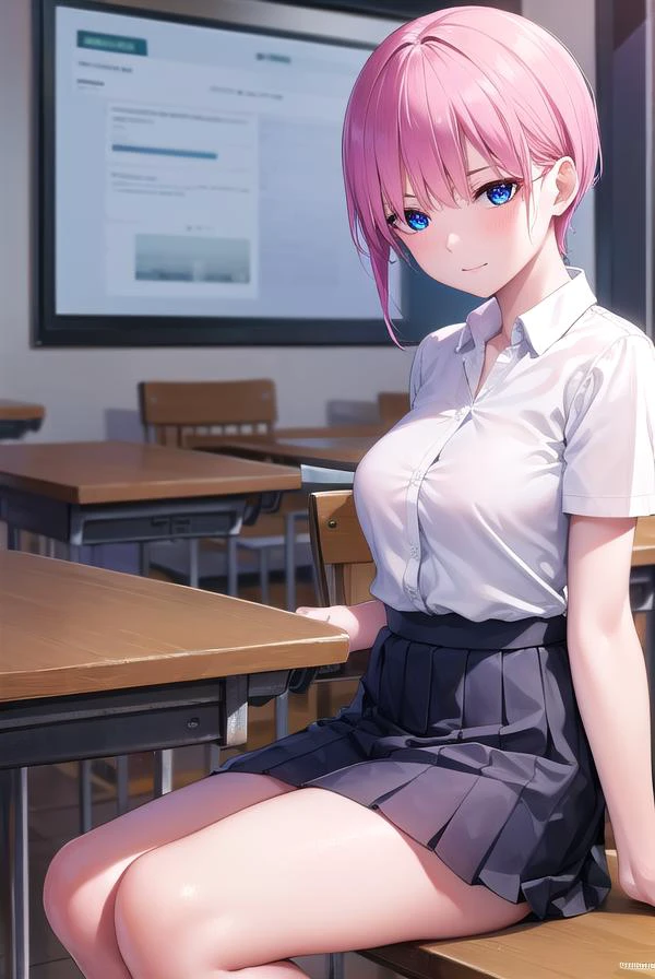 ichikanakano, <lyco:ichikanakano-lyco-nochekaiser:1>,
ichika nakano, short hair, bangs, blue eyes, hair between eyes, pink hair, <lora:sensualface_type2:1>, smile,
BREAK skirt, shirt, school uniform, white shirt, short sleeves, pleated skirt, shoes, socks, collared shirt, black footwear, sweater, white socks, green skirt, loafers, clothes around waist,
BREAK looking at viewer,
BREAK indoors, classroom,
BREAK <lyco:GoodHands-beta2:1>, (masterpiece:1.2), best quality, high resolution, unity 8k wallpaper, (illustration:0.8), (beautiful detailed eyes:1.6), extremely detailed face, perfect lighting, extremely detailed CG, (perfect hands, perfect anatomy),