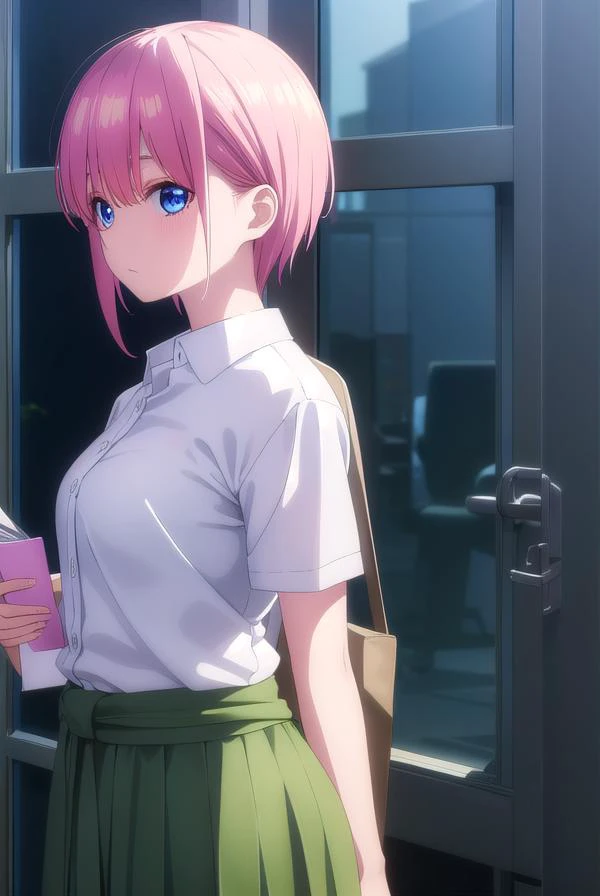 ichikanakano, <lyco:ichikanakanospecial-lyco-nochekaiser:1>,
ichika nakano, short hair, bangs, blue eyes, hair between eyes, pink hair,
BREAK skirt, shirt, school uniform, white shirt, short sleeves, pleated skirt, shoes, socks, collared shirt, black footwear, sweater, white socks, (green skirt:1.2), loafers, clothes around waist,
BREAK indoors, classroom,
BREAK looking at viewer, (cowboy shot:1.5),
BREAK <lyco:GoodHands-beta2:1>, (masterpiece:1.2), best quality, high resolution, unity 8k wallpaper, (illustration:0.8), (beautiful detailed eyes:1.6), extremely detailed face, perfect lighting, extremely detailed CG, (perfect hands, perfect anatomy),
