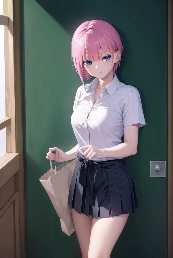 ichikanakano, <lyco:ichikanakano-lyco-nochekaiser:1>,
ichika nakano, short hair, bangs, blue eyes, hair between eyes, pink hair, <lora:sensualface_type2:1>, smile,
BREAK skirt, shirt, school uniform, white shirt, short sleeves, pleated skirt, shoes, socks, collared shirt, black footwear, sweater, white socks, green skirt, loafers, clothes around waist,
BREAK looking at viewer, fully body, upper body,
BREAK indoors, classroom,
BREAK <lyco:GoodHands-beta2:1>, (masterpiece:1.2), best quality, high resolution, unity 8k wallpaper, (illustration:0.8), (beautiful detailed eyes:1.6), extremely detailed face, perfect lighting, extremely detailed CG, (perfect hands, perfect anatomy),