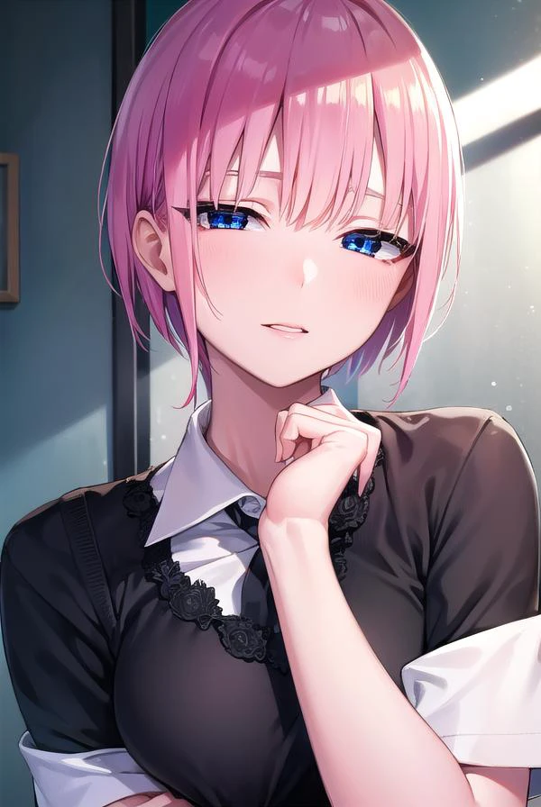 ichikanakano, <lyco:ichikanakano-lyco-nochekaiser:1>,
ichika nakano, short hair, bangs, blue eyes, hair between eyes, pink hair, <lora:sensualface_type2:1>, smile,
BREAK skirt, shirt, school uniform, white shirt, short sleeves, pleated skirt, shoes, socks, collared shirt, black footwear, sweater, white socks, green skirt, loafers, clothes around waist,
BREAK looking at viewer, fully body, upper body,
BREAK indoors, classroom,
BREAK <lyco:GoodHands-beta2:1>, (masterpiece:1.2), best quality, high resolution, unity 8k wallpaper, (illustration:0.8), (beautiful detailed eyes:1.6), extremely detailed face, perfect lighting, extremely detailed CG, (perfect hands, perfect anatomy),