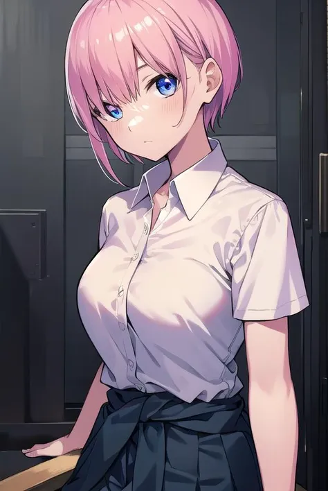 ichikanakano, <lyco:ichikanakano-LYCORIStest:1>, ichika nakano, short hair, bangs, blue eyes, hair between eyes, pink hair,
BREAK skirt, shirt, school uniform, white shirt, short sleeves, pleated skirt, shoes, socks, collared shirt, black footwear, sweater, white socks, green skirt, loafers, clothes around waist,
BREAK indoors, classroom,
BREAK looking at viewer, BREAK <lora:GoodHands-vanilla:1>, (masterpiece:1.2), best quality, high resolution, unity 8k wallpaper, (illustration:0.8), (beautiful detailed eyes:1.6), extremely detailed face, perfect lighting, extremely detailed CG, (perfect hands, perfect anatomy),