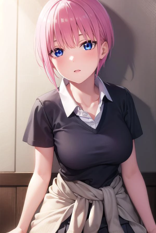 ichikanakano, <lyco:ichikanakano-lyco-nochekaiser:1>,
ichika nakano, short hair, bangs, blue eyes, hair between eyes, pink hair,
BREAK skirt, shirt, school uniform, white shirt, short sleeves, pleated skirt, shoes, socks, collared shirt, black footwear, sweater, white socks, green skirt, loafers, clothes around waist,
BREAK looking at viewer,
BREAK indoors, classroom,
BREAK <lyco:GoodHands-beta2:1>, (masterpiece:1.2), best quality, high resolution, unity 8k wallpaper, (illustration:0.8), (beautiful detailed eyes:1.6), extremely detailed face, perfect lighting, extremely detailed CG, (perfect hands, perfect anatomy),