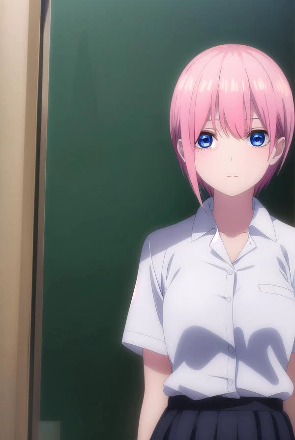 ichikanakano, <lyco:ichikanakanospecial-lyco-nochekaiser:1>,
ichika nakano, short hair, bangs, blue eyes, hair between eyes, pink hair,
BREAK skirt, shirt, school uniform, white shirt, short sleeves, pleated skirt, shoes, socks, collared shirt, black footwear, sweater, white socks, (green skirt:1.2), loafers, clothes around waist,
BREAK indoors, classroom,
BREAK looking at viewer, (cowboy shot:1.5),
BREAK <lyco:GoodHands-beta2:1>, (masterpiece:1.2), best quality, high resolution, unity 8k wallpaper, (illustration:0.8), (beautiful detailed eyes:1.6), extremely detailed face, perfect lighting, extremely detailed CG, (perfect hands, perfect anatomy),