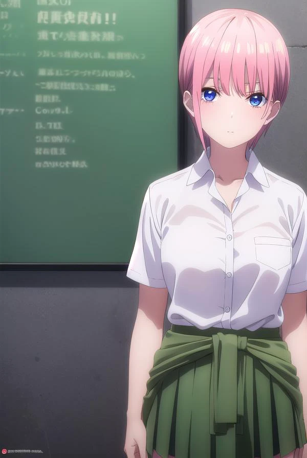 ichikanakano, <lyco:ichikanakanospecial-lyco-nochekaiser:1>,
ichika nakano, short hair, bangs, blue eyes, hair between eyes, pink hair,
BREAK skirt, shirt, school uniform, white shirt, short sleeves, pleated skirt, shoes, socks, collared shirt, black footwear, sweater, white socks, (green skirt:1.2), loafers, clothes around waist,
BREAK indoors, classroom,
BREAK looking at viewer, (cowboy shot:1.5),
BREAK <lyco:GoodHands-beta2:1>, (masterpiece:1.2), best quality, high resolution, unity 8k wallpaper, (illustration:0.8), (beautiful detailed eyes:1.6), extremely detailed face, perfect lighting, extremely detailed CG, (perfect hands, perfect anatomy),