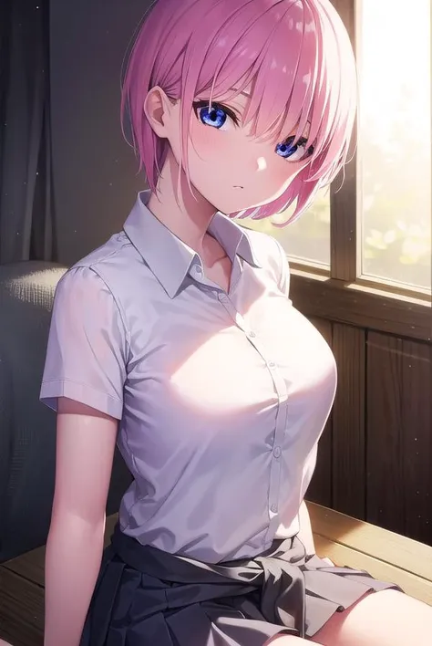 ichikanakano, <lyco:ichikanakano-lyco-nochekaiser:1>, 
ichika nakano, short hair, bangs, blue eyes, hair between eyes, pink hair,
BREAK skirt, shirt, school uniform, white shirt, short sleeves, pleated skirt, shoes, socks, collared shirt, black footwear, sweater, white socks, green skirt, loafers, clothes around waist,
BREAK looking at viewer, 
BREAK indoors, classroom,
BREAK <lyco:GoodHands-beta2:1>, (masterpiece:1.2), best quality, high resolution, unity 8k wallpaper, (illustration:0.8), (beautiful detailed eyes:1.6), extremely detailed face, perfect lighting, extremely detailed CG, (perfect hands, perfect anatomy),