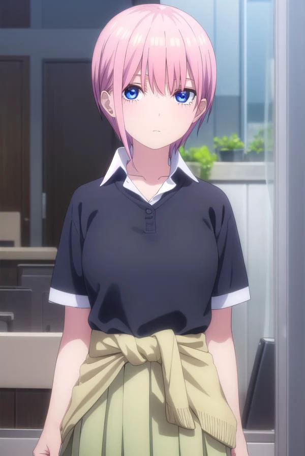 ichikanakano, <lyco:ichikanakanospecial-lyco-nochekaiser:1>,
ichika nakano, short hair, bangs, blue eyes, hair between eyes, pink hair,
BREAK skirt, shirt, school uniform, white shirt, short sleeves, pleated skirt, shoes, socks, collared shirt, black footwear, sweater, white socks, (green skirt:1.2), loafers, clothes around waist,
BREAK indoors, classroom,
BREAK looking at viewer, (cowboy shot:1.5),
BREAK <lyco:GoodHands-beta2:1>, (masterpiece:1.2), best quality, high resolution, unity 8k wallpaper, (illustration:0.8), (beautiful detailed eyes:1.6), extremely detailed face, perfect lighting, extremely detailed CG, (perfect hands, perfect anatomy),
