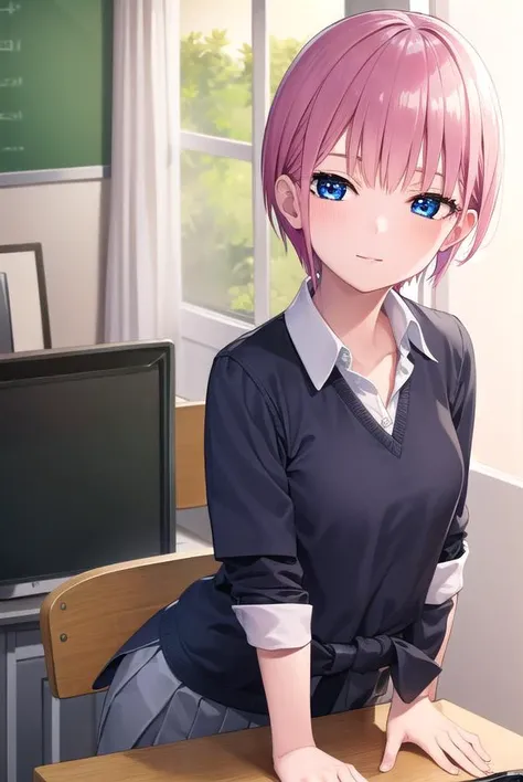 ichikanakano, <lyco:ichikanakano-lyco-nochekaiser:1>, 
ichika nakano, short hair, bangs, blue eyes, hair between eyes, pink hair, <lora:sensualface_type2:1>, smile,
BREAK skirt, shirt, school uniform, white shirt, short sleeves, pleated skirt, shoes, socks, collared shirt, black footwear, sweater, white socks, green skirt, loafers, clothes around waist,
BREAK looking at viewer, fully body, upper body,
BREAK indoors, classroom,
BREAK <lyco:GoodHands-beta2:1>, (masterpiece:1.2), best quality, high resolution, unity 8k wallpaper, (illustration:0.8), (beautiful detailed eyes:1.6), extremely detailed face, perfect lighting, extremely detailed CG, (perfect hands, perfect anatomy),