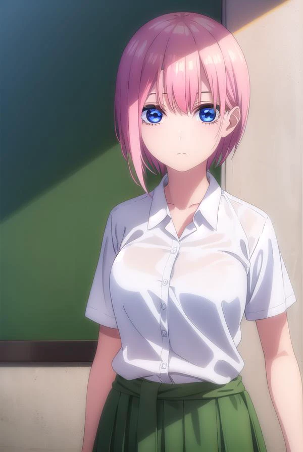 ichikanakano, <lyco:ichikanakanospecial-lyco-nochekaiser:1>,
ichika nakano, short hair, bangs, blue eyes, hair between eyes, pink hair,
BREAK skirt, shirt, school uniform, white shirt, short sleeves, pleated skirt, shoes, socks, collared shirt, black footwear, sweater, white socks, (green skirt:1.2), loafers, clothes around waist,
BREAK indoors, classroom,
BREAK looking at viewer, (cowboy shot:1.5),
BREAK <lyco:GoodHands-beta2:1>, (masterpiece:1.2), best quality, high resolution, unity 8k wallpaper, (illustration:0.8), (beautiful detailed eyes:1.6), extremely detailed face, perfect lighting, extremely detailed CG, (perfect hands, perfect anatomy),
