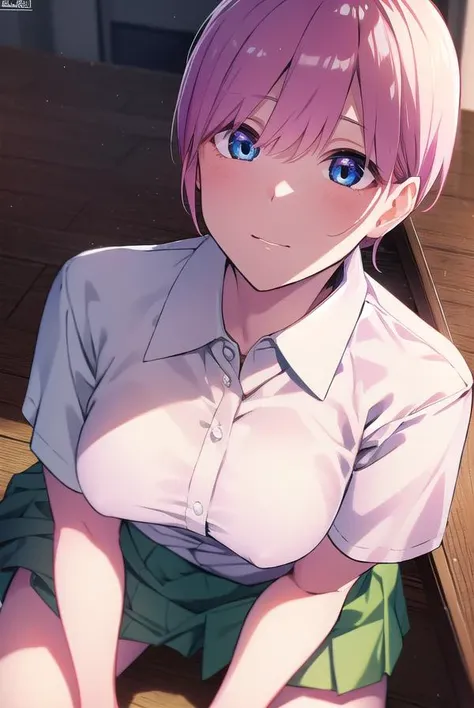 ichikanakano, <lyco:ichikanakano-LYCORIStest:1>, ichika nakano, short hair, bangs, blue eyes, hair between eyes, pink hair,
BREAK skirt, shirt, school uniform, white shirt, short sleeves, pleated skirt, shoes, socks, collared shirt, black footwear, sweater, white socks, green skirt, loafers, clothes around waist,
BREAK indoors, classroom,
BREAK looking at viewer, BREAK <lora:GoodHands-vanilla:1>, (masterpiece:1.2), best quality, high resolution, unity 8k wallpaper, (illustration:0.8), (beautiful detailed eyes:1.6), extremely detailed face, perfect lighting, extremely detailed CG, (perfect hands, perfect anatomy),