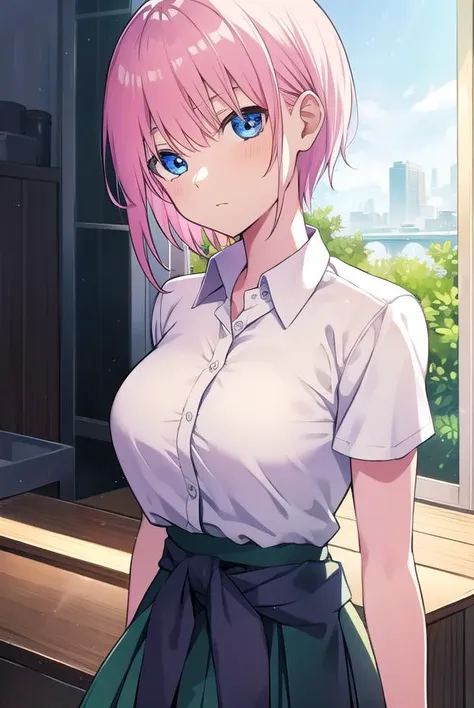 ichikanakano, <lyco:ichikanakano-LYCORIStest:1>, ichika nakano, short hair, bangs, blue eyes, hair between eyes, pink hair,
BREAK skirt, shirt, school uniform, white shirt, short sleeves, pleated skirt, shoes, socks, collared shirt, black footwear, sweater, white socks, green skirt, loafers, clothes around waist,
BREAK indoors, classroom,
BREAK looking at viewer, BREAK <lora:GoodHands-vanilla:1>, (masterpiece:1.2), best quality, high resolution, unity 8k wallpaper, (illustration:0.8), (beautiful detailed eyes:1.6), extremely detailed face, perfect lighting, extremely detailed CG, (perfect hands, perfect anatomy),