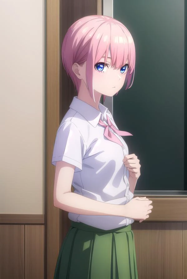 ichikanakano, <lyco:ichikanakanospecial-lyco-nochekaiser:1>, 
ichika nakano, short hair, bangs, blue eyes, hair between eyes, pink hair,
BREAK skirt, shirt, school uniform, white shirt, short sleeves, pleated skirt, shoes, socks, collared shirt, black footwear, sweater, white socks, (green skirt:1.2), loafers, clothes around waist,
BREAK indoors, classroom,
BREAK looking at viewer, (cowboy shot:1.5),
BREAK <lyco:GoodHands-beta2:1>, (masterpiece:1.2), best quality, high resolution, unity 8k wallpaper, (illustration:0.8), (beautiful detailed eyes:1.6), extremely detailed face, perfect lighting, extremely detailed CG, (perfect hands, perfect anatomy),