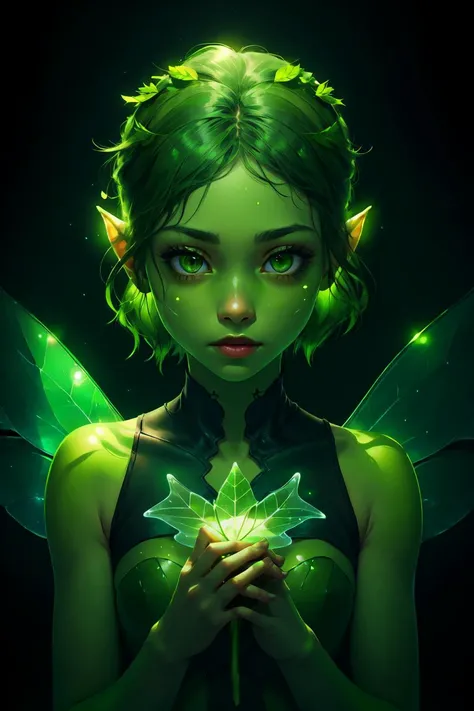 solo, transparent skin, looking at viewer, fairy girl, green skin, green eyes, green theme, closed mouth, blurry, glowing, black background,TREEAI,<lyco:TreeAI-000002:1.0>