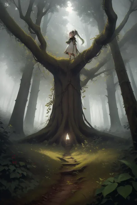 masterpiece, best quality, 8k,1girl, 
 <lora:nahida1:0.8>nahidadef, <lyco:TreeAI-000002:1.0>TreeAI,tree,forest,leaf,
Deep woods,dim,fog,from below,