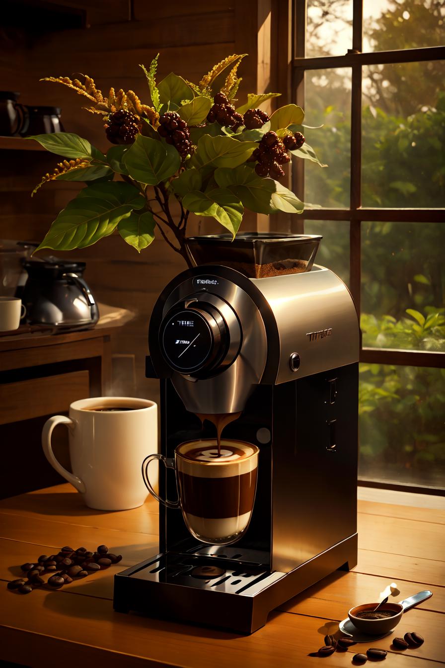Treeai There is a coffee maker sitting on a table with a cup of coffee - SeaArt AI